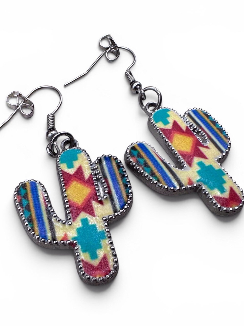 Southwestern Cactus Drop Earrings - Turquoise, Red & Yellow